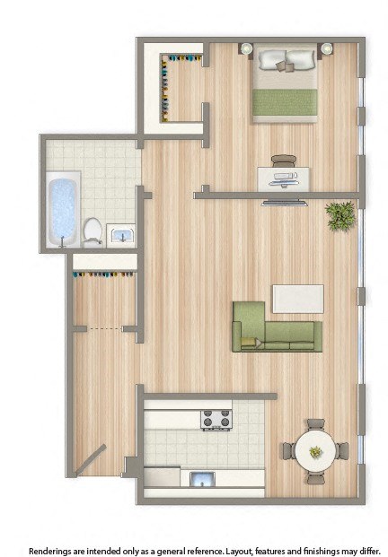 floor plan rendering of a 1 bedroom apartment at parkside apartments in washington dc